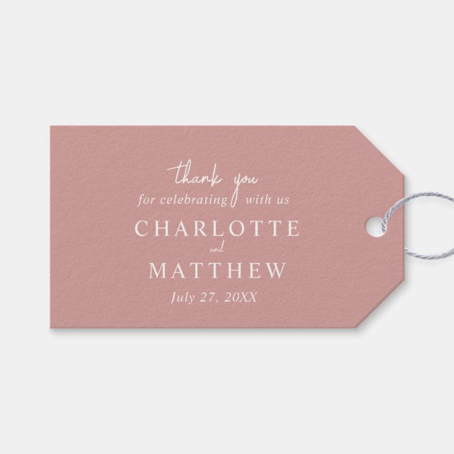 Dusty Rose Script Vielen Dank Hochzeitszettel Geschenkanhänger (Vorderseite (Horizontal))