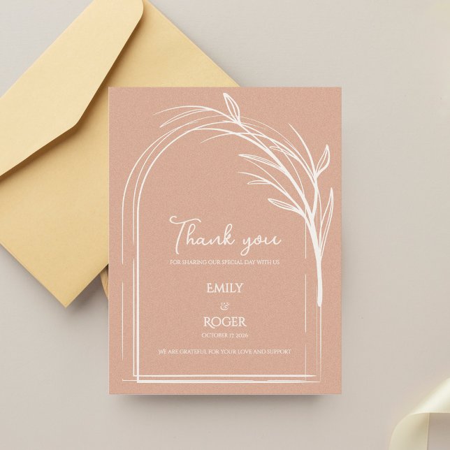 Dusty Rose Simple Arch Botanical Wedding Thank You Postkarte (Dusty Rose Minimalist Arch Botanical Wedding Thank You Card | Romantic Elegant Thank You Note)