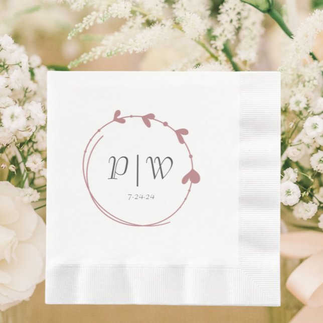 Dusty Rose Simple Heart Wreath Monogram Wedding Serviette (In Situ Wedding)