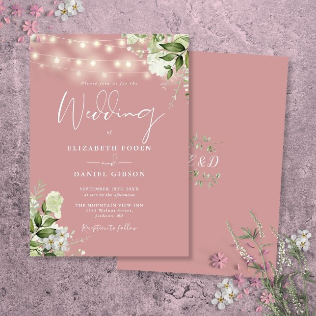Dusty Rose String Lights Floral Monogram Wedding Einladung (Dusty Rose String Lights Floral Monogram Wedding Invitation)