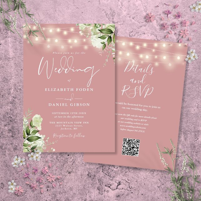 Dusty Rose String Lights Floral QR Code Wedding Einladung (Dusty Rose String Lights Floral QR Code Wedding Invitation)