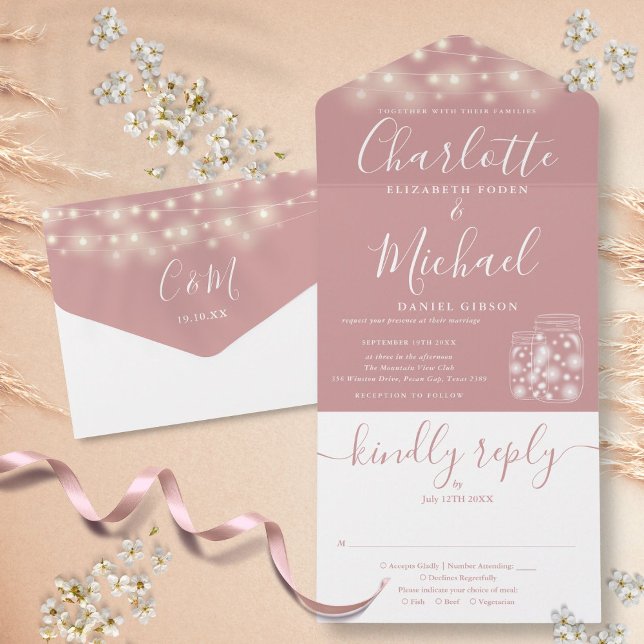 Dusty Rose String Lights Mason Jars Wedding All In One Einladung (Dusty Rose String Lights Mason Jars Wedding All In One Invitation)