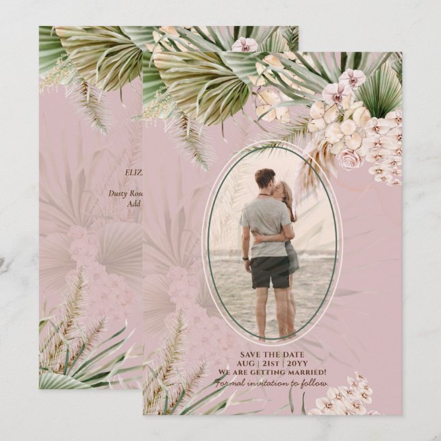 Dusty Rose Tropical Pampas Grass FOTO Hochzeit Sav Save The Date (Vorne/Hinten)