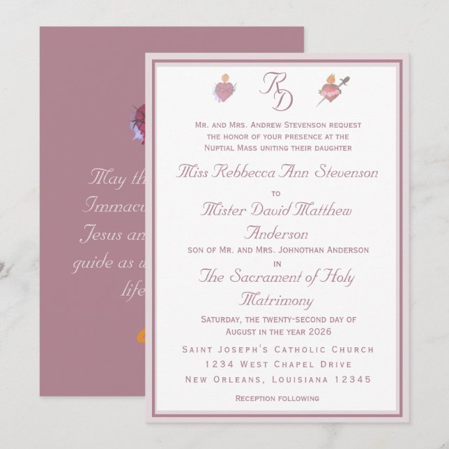 Dusty Rose Two Hearts Catholic Wedding Invitation Einladung (Vorne/Hinten)