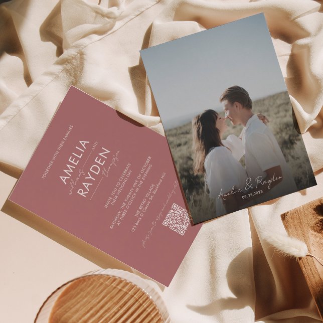 Dusty Rose Typografie Script Foto QR Code Hochzeit Einladung (Von Creator hochgeladen)
