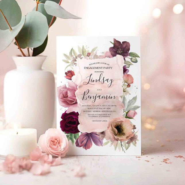 Dusty Rose und Burgund Floral Engagement Party Einladung (Boho Blooms Burgundy Red and Pink Floral Engagement Party Invitations)