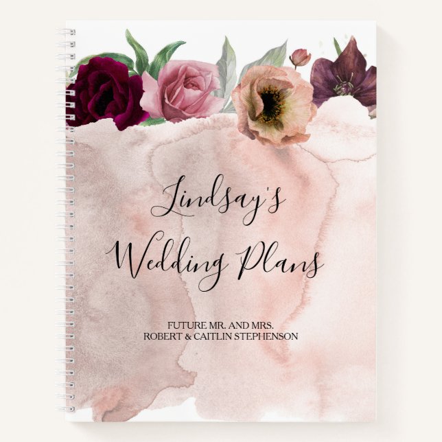 Dusty Rose und Burgund Rot Romantische Hochzeit Notizbuch (Vorderseite)