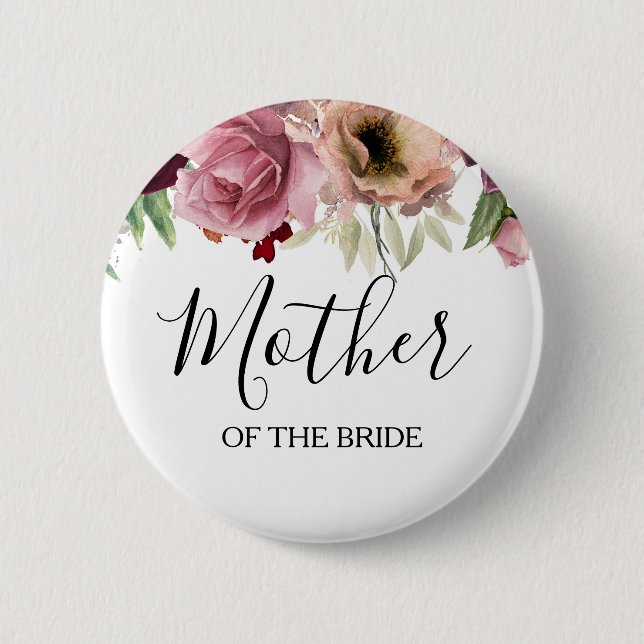 Dusty Rose und Burgund Rote Wasserfarbe Blüte Button (Vorderseite)