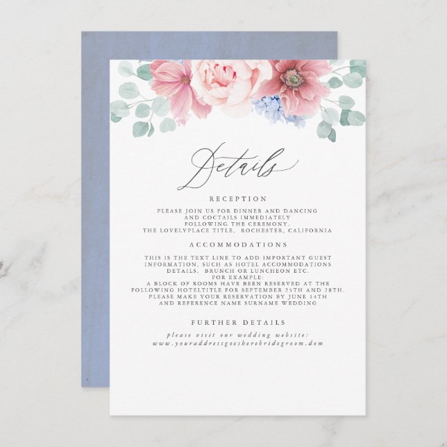 Dusty Rose und Dusty Blue Floral Wedding Details Begleitkarte (Vorne/Hinten)