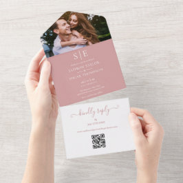 Dusty Rose und Gold Monogram QR Code Foto Wedding All In One Einladung