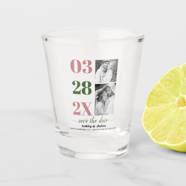 Dusty Rose und moos grün zwei Foto Save the Date Schnapsglas (Vorderseite)