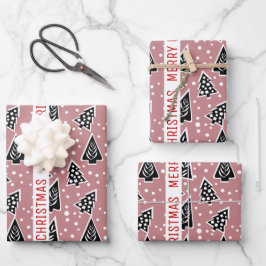 Dusty Rose und schwarz Frohe Weihnachtsbäume Urlau Geschenkpapier Set