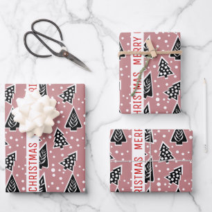 Dusty Rose und schwarz Frohe Weihnachtsbäume Urlau Geschenkpapier Set