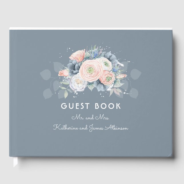 Dusty Rose und Slate Blue Floral Wedding Gästebuch (Vorderseite)
