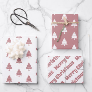 Dusty Rose und weiße Bäume Frohe Weihnachtsfeierta Geschenkpapier Set