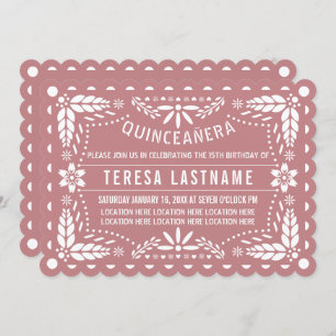 Dusty Rose und weißes Papel picado Quinceañera Einladung