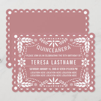 Dusty Rose und weißes Papel picado Quinceañera Einladung