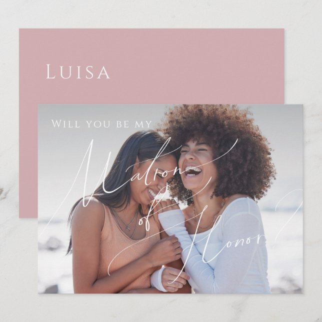 Dusty Rose verblasst Foto Matron of Honorarkarte Einladung (Vorne/Hinten)