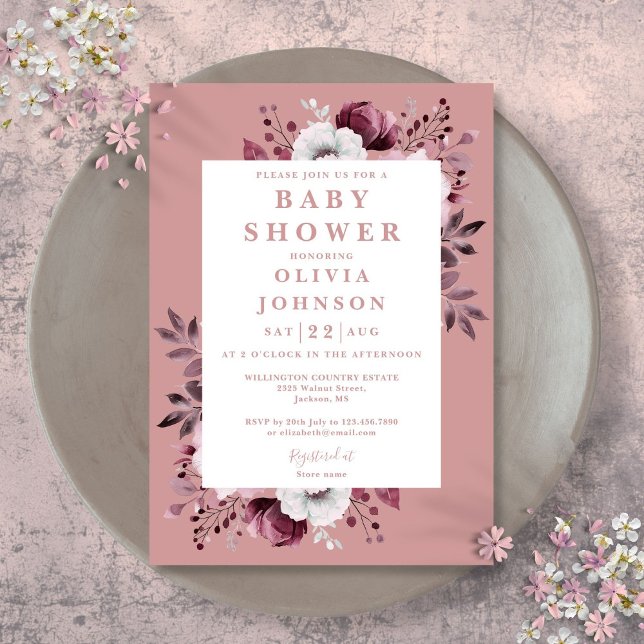 Dusty Rose Watercolor Country Floral Baby Dusche Einladung (Dusty Rose Watercolor Country Floral Baby Shower Invitation)