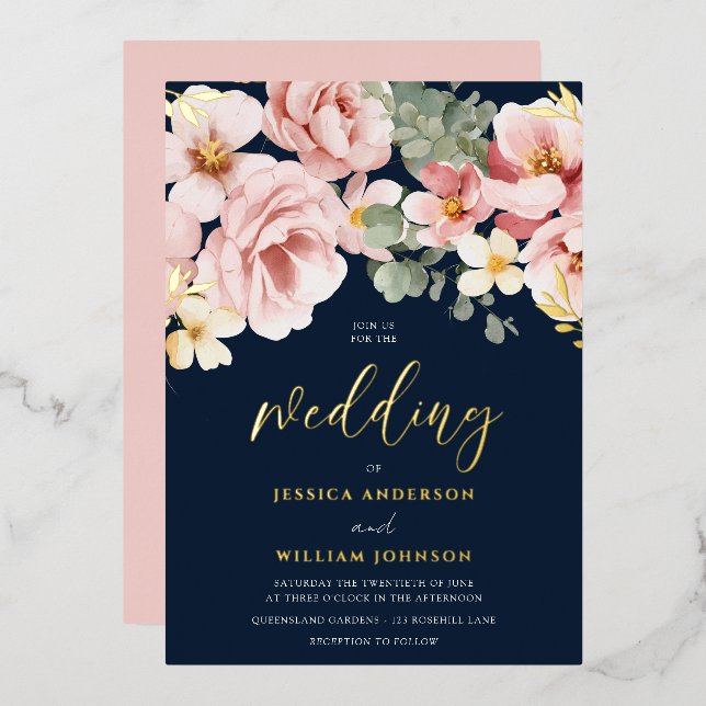 Dusty Rose Watercolor Floral Wedding Navy & Gold Folieneinladung (Vorderseite/Rückseite)
