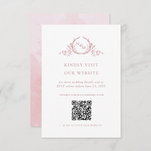 Dusty Rose Watercolor Monogram QR Code/UAWG Online Begleitkarte (Vorne/Hinten)