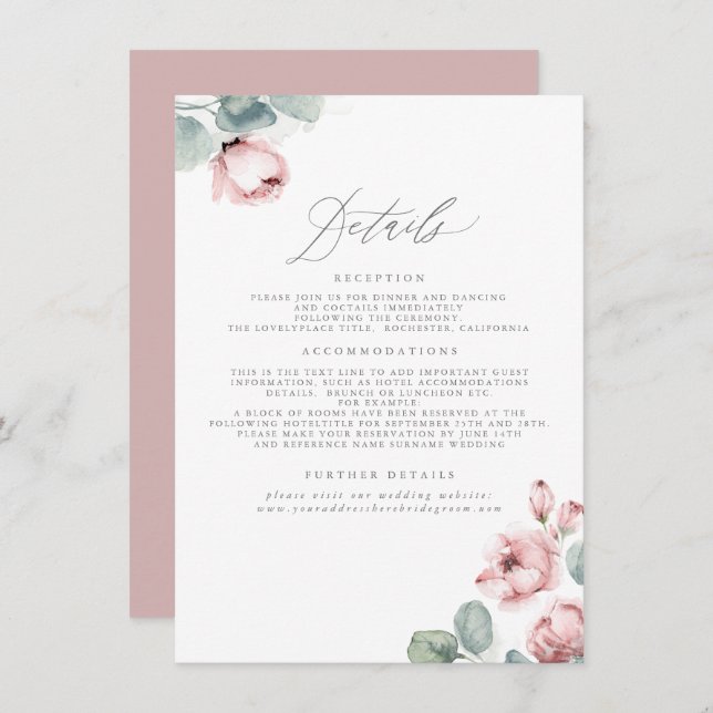 Dusty Rose Wedding Details Umschließung Begleitkarte (Vorne/Hinten)