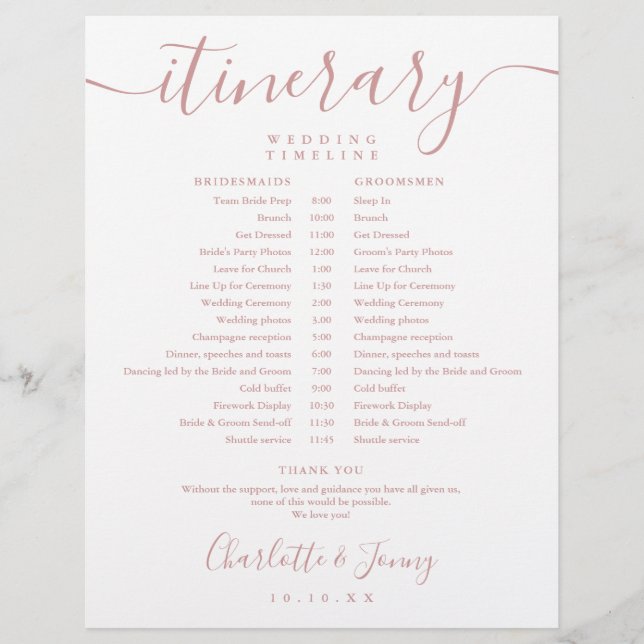 Dusty Rose Wedding Zeitplan Reisezeitplan (Vorderseite)