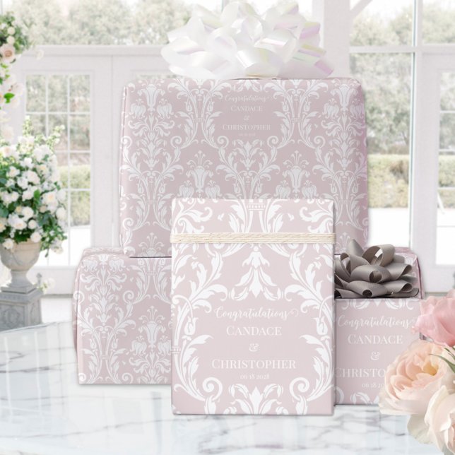 Dusty Rose White Damask Name & Glückwünsche Geschenkpapier (Von Creator hochgeladen)