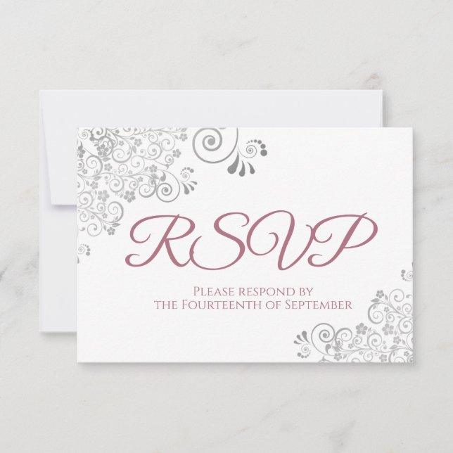 Dusty Rose & White Elegante Silver Lace Wedding RSVP Karte (Vorderseite)
