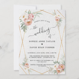 Dusty Rose White Floral Gold Calligrafy Wedding Einladung