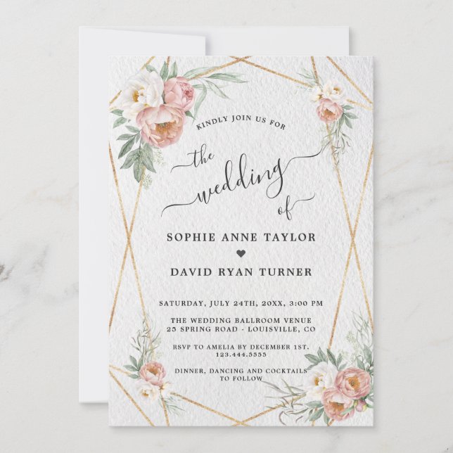 Dusty Rose White Floral Gold Calligrafy Wedding Einladung (Vorderseite)