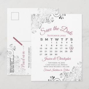 Dusty Rose & White Wedding Save the Date Calendar Ankündigungspostkarte