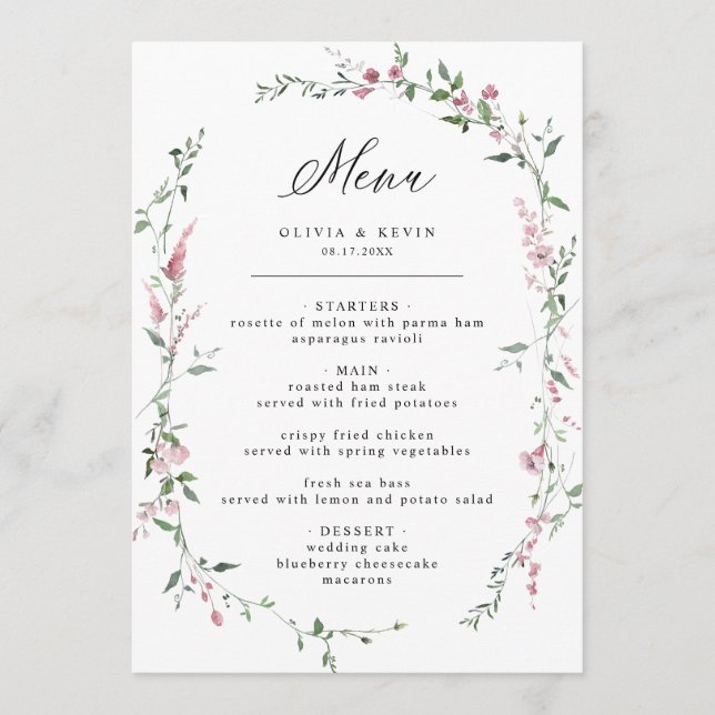 Dusty Rose Wild Blume Blush Wreath Wedding Menu Menükarte (Vorderseite)
