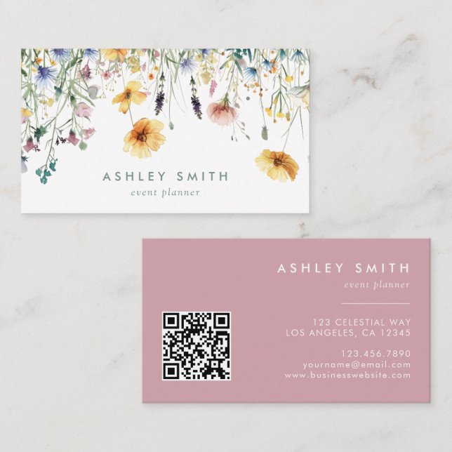 Dusty Rose Wildblume QR Code Visitenkarte (Vorne/Hinten)