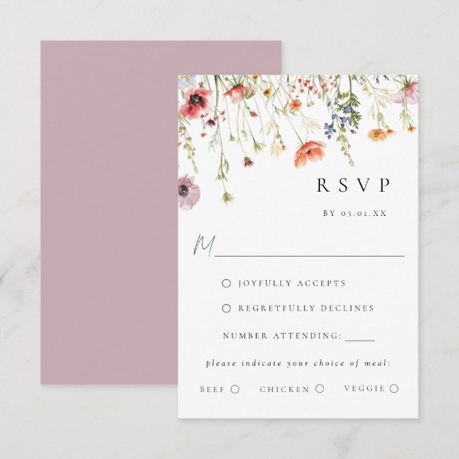 Dusty Rose Wildflower Wedding Meal Choice RSVP (Vorne/Hinten)