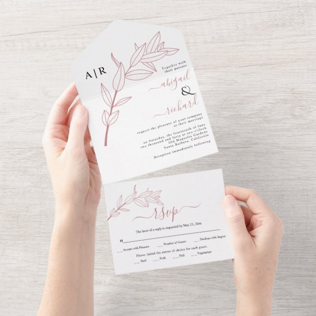 Dusty Rose Zweig mit Blätter Hochzeit im Herbst All In One Einladung (Abreißen)