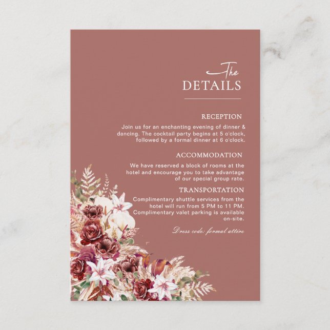Dusty Rosewood & Blush Floral Wedding Details Card Begleitkarte (Vorderseite)