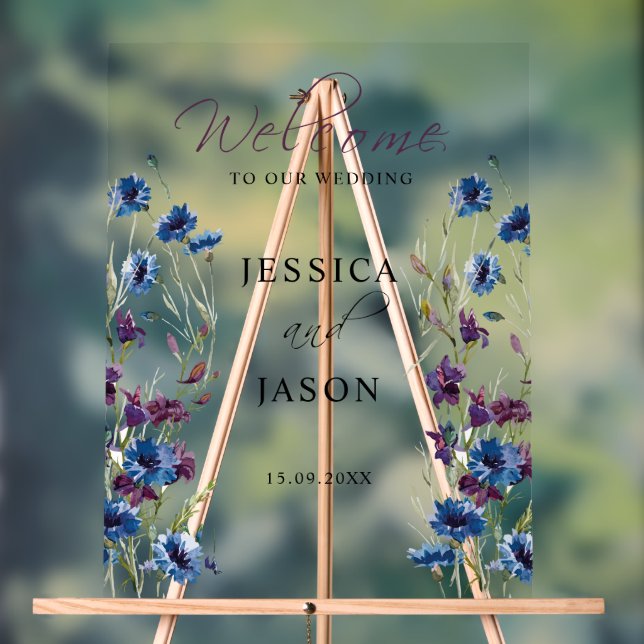 Dusty Royal Blue Lila Bloom Wedding Willkommen Acrylschild (Neutral)