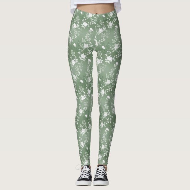 Dusty Sage Blumengrün Blume Grünmuster Leggings (Vorderseite)