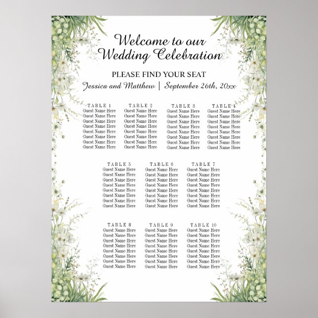 Dusty Sage Green Blume 10 Tische Hochzeitssitze Poster (Vorne)