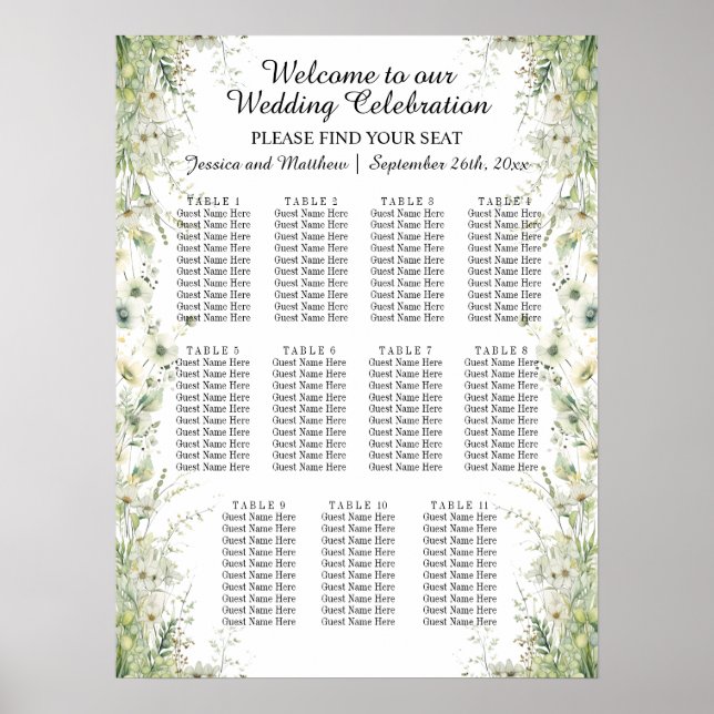 Dusty Sage Green Blume 11 Tische Hochzeitssitze Poster (Vorne)