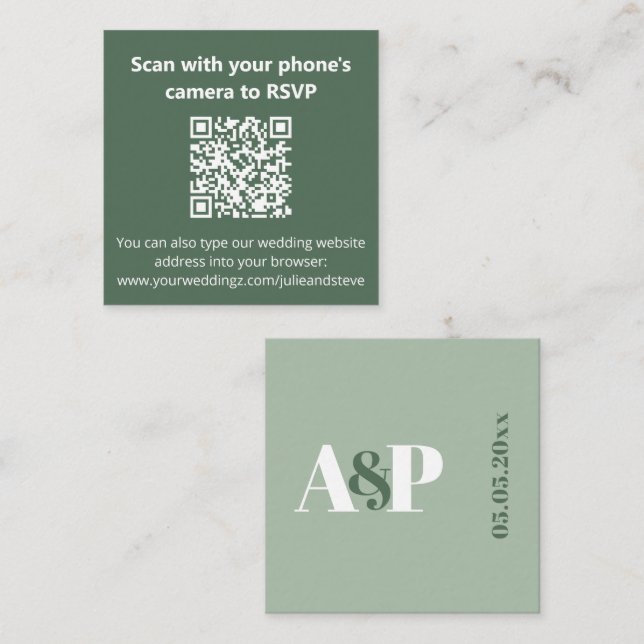 Dusty Sage Green Monogram QR Code Wedding Website Begleitkarte (Vorne/Hinten)
