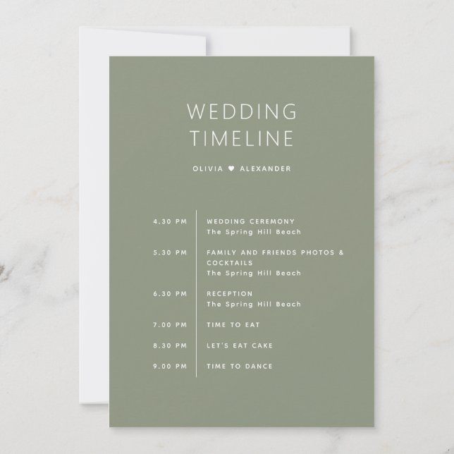 Dusty Sage Green Timeline | Wedding Itinerary  Einladung (Rückseite)