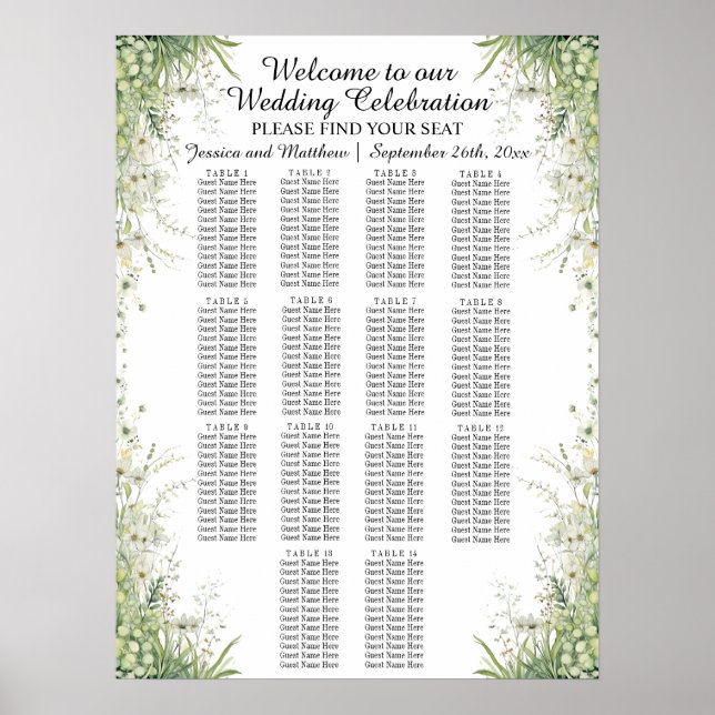 Dusty Sage Green Wedding 14 Tische Hochzeitssitze Poster (Vorne)