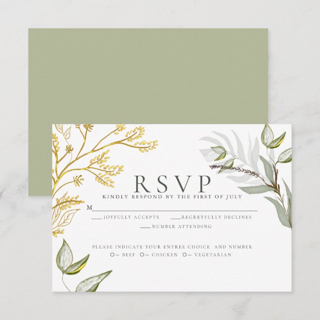 Dusty Sage und Gold Foliage RSVP Karte (Vorne/Hinten)