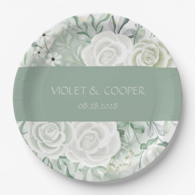 Dusty Sage Watercolor Florals Wedding Pappteller (Vorderseite)