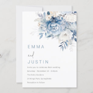Dusty Sky Blue & White Blume Hochzeit Einladung