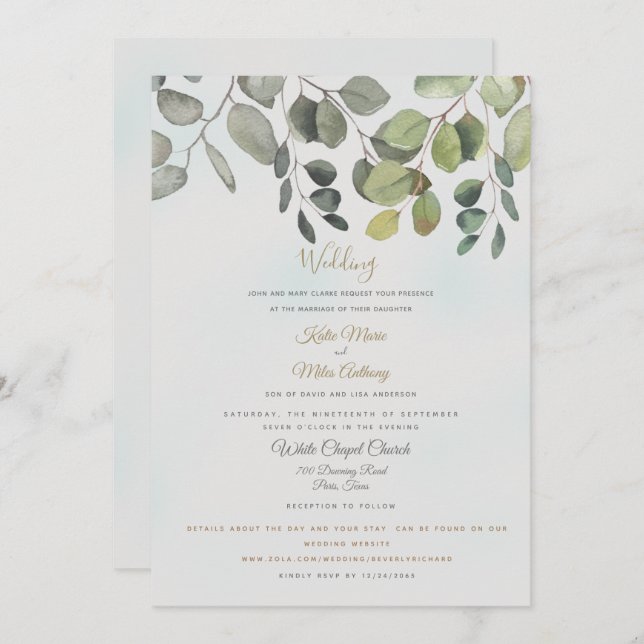 Dusty Türkise Foliage Website inklusive Hochzeit Einladung (Vorne/Hinten)