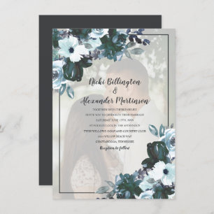 Dusty Twilight Blue Floral Wedding Foto Einladung