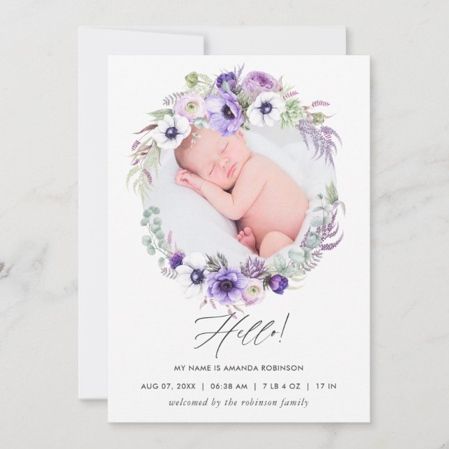 Dusty Violet Birth Announcement Foto Card Ankündigung (Vorderseite)